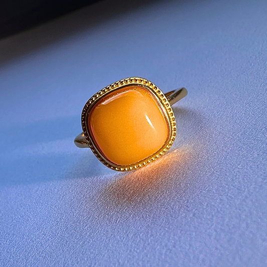 Natural Beeswax Amber Square Ring | S925 Gold-Plated Formally Blessed Protection | FortuneWard