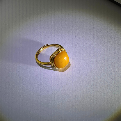 Natural Beeswax Amber Square Ring | S925 Gold-Plated Formally Blessed Protection | FortuneWard