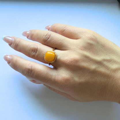 Natural Beeswax Amber Square Ring | S925 Gold-Plated Formally Blessed Protection | FortuneWard