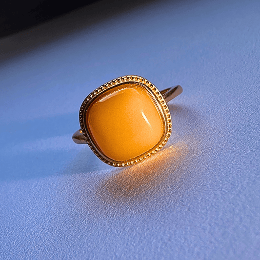 Natural Beeswax Amber Square Ring | S925 Gold-Plated Formally Blessed Protection | FortuneWard - FORTUNEWARD